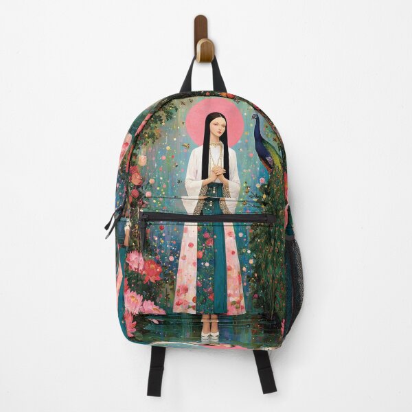 Item preview, An ethereal, avant-garde portrait of Quan Yin standing gracefully beside a radiant peacock, flowing robes in soft ivory designed and sold by wonderisland.