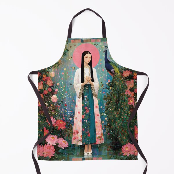 Item preview, An ethereal, avant-garde portrait of Quan Yin standing gracefully beside a radiant peacock, flowing robes in soft ivory designed and sold by wonderisland.