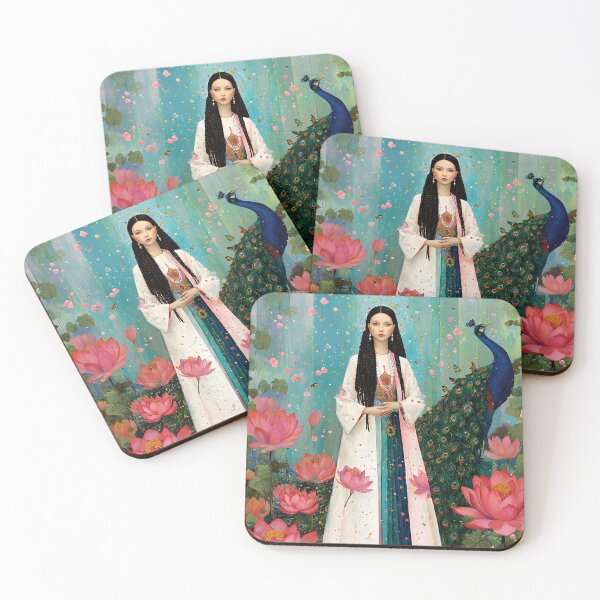 Item preview, An ethereal, avant-garde portrait of Quan Yin standing gracefully beside a radiant peacock, flowing robes in soft ivory designed and sold by wonderisland.