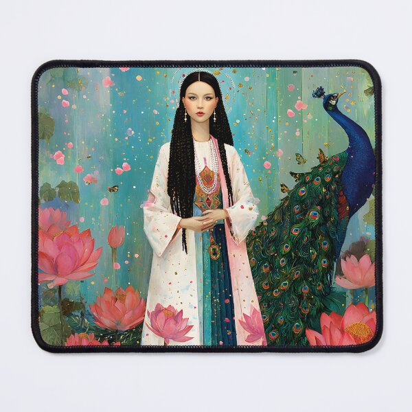 Item preview, An ethereal, avant-garde portrait of Quan Yin standing gracefully beside a radiant peacock, flowing robes in soft ivory designed and sold by wonderisland.