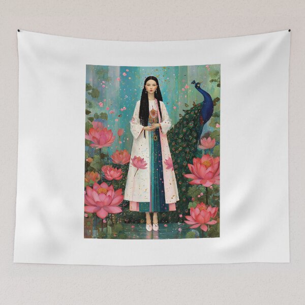 Item preview, An ethereal, avant-garde portrait of Quan Yin standing gracefully beside a radiant peacock, flowing robes in soft ivory designed and sold by wonderisland.