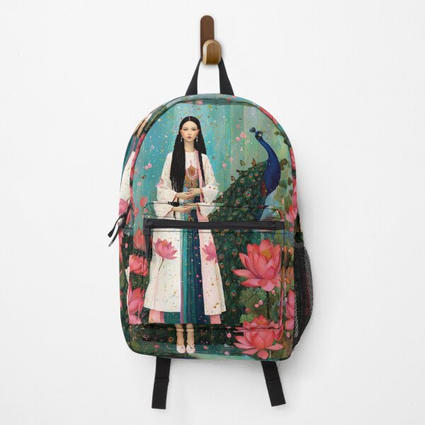 Item preview, An ethereal, avant-garde portrait of Quan Yin standing gracefully beside a radiant peacock, flowing robes in soft ivory designed and sold by wonderisland.