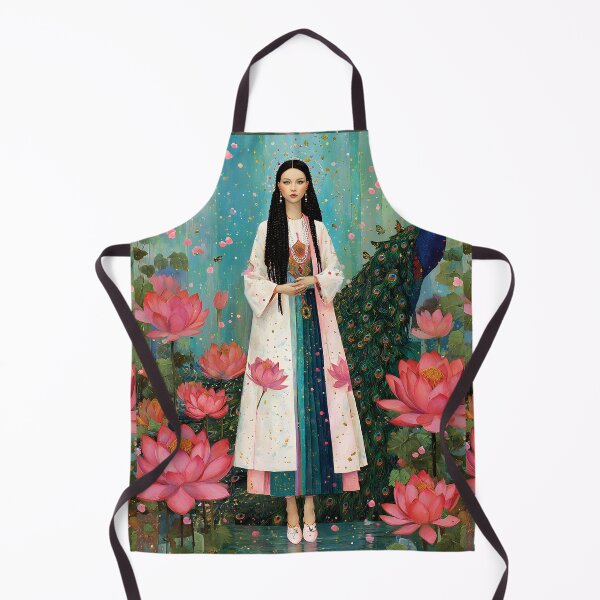 Item preview, An ethereal, avant-garde portrait of Quan Yin standing gracefully beside a radiant peacock, flowing robes in soft ivory designed and sold by wonderisland.