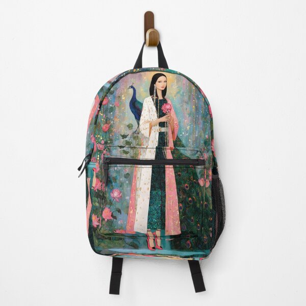 Item preview, An ethereal, avant-garde portrait of Quan Yin standing gracefully beside a radiant peacock, flowing robes in soft ivory designed and sold by wonderisland.