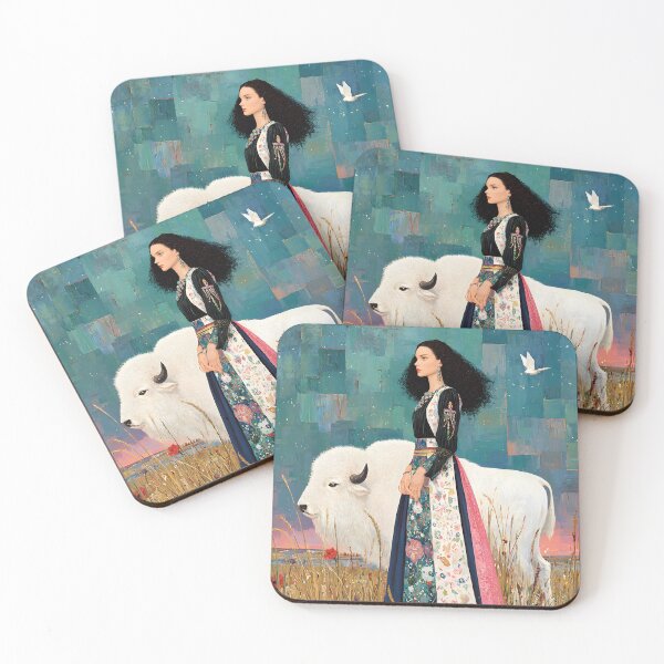 Item preview, majestic Native American woman with long flowing hair, standing beside a sacred white buffalo,  designed and sold by wonderisland.