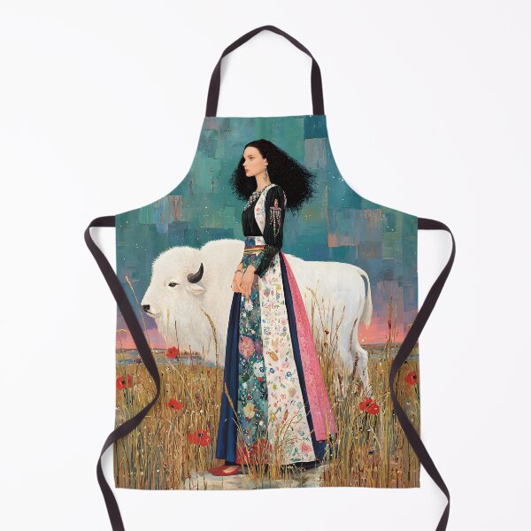 Item preview, majestic Native American woman with long flowing hair, standing beside a sacred white buffalo,  designed and sold by wonderisland.