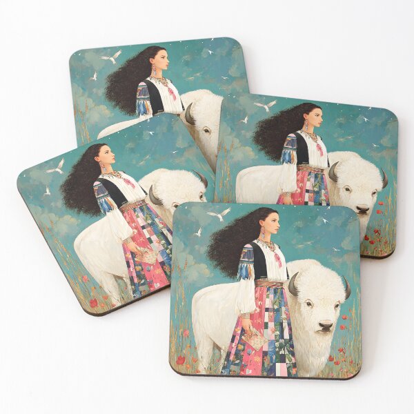 Item preview, majestic Native American woman with long flowing hair, standing beside a sacred white buffalo,  designed and sold by wonderisland.
