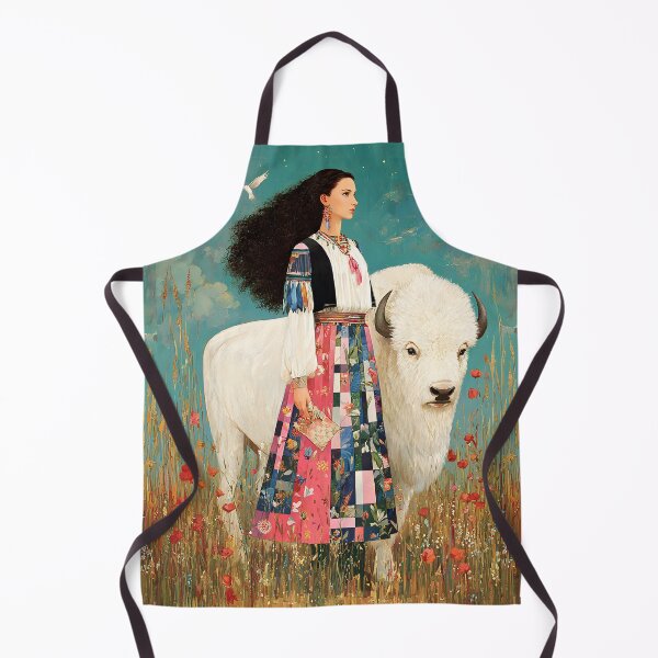 Item preview, majestic Native American woman with long flowing hair, standing beside a sacred white buffalo,  designed and sold by wonderisland.
