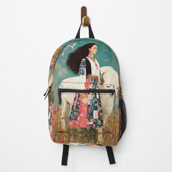 Item preview, majestic Native American woman with long flowing hair, standing beside a sacred white buffalo, designed and sold by wonderisland.