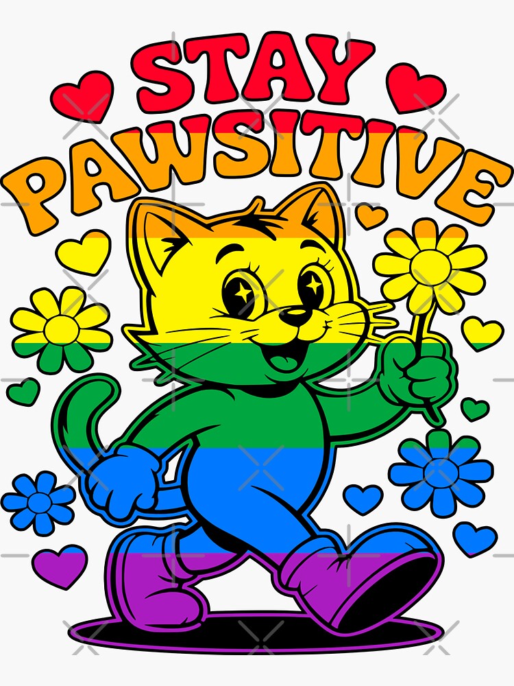 Thumbnail 3 of 3, Sticker, Stay Pawsitive Pride Cat Art designed and sold by EthosWear.