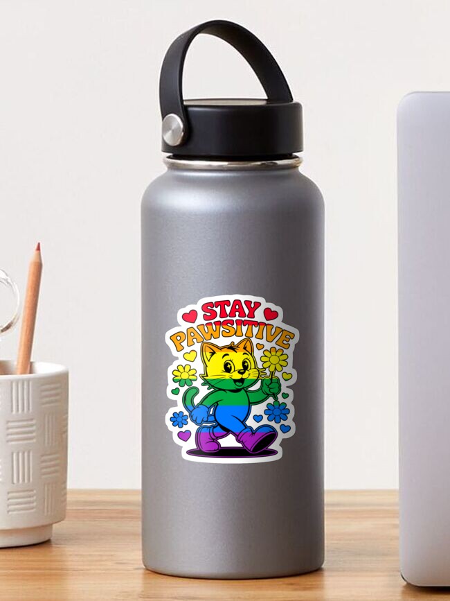 Thumbnail 1 of 3, Sticker, Stay Pawsitive Pride Cat Art designed and sold by EthosWear.