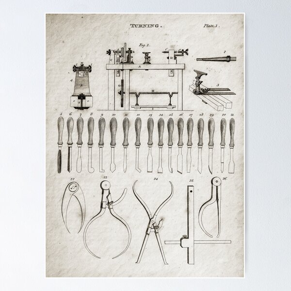 Antique Wood Turning Lathe Mechanical Drawing, 1813 Poster