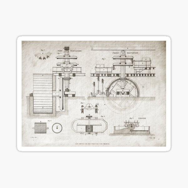 Antique Water Wheel Turbine Mechanical Drawing, 1813 Sticker