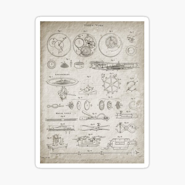 Antique Watch Works Mechanical Drawing, 1813 Sticker