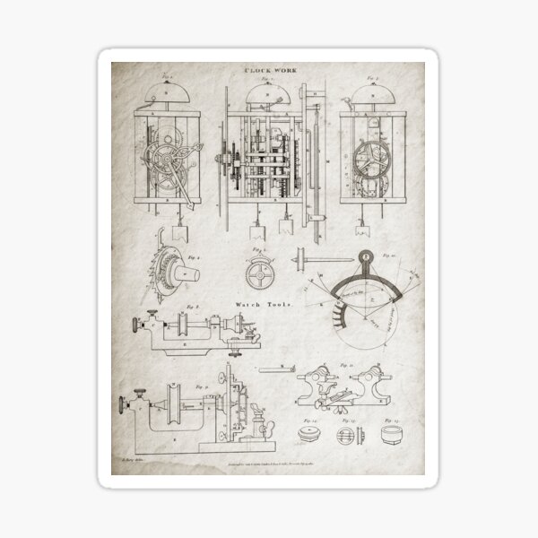 Antique Clock Works Mechanical Drawing, 1813 Sticker