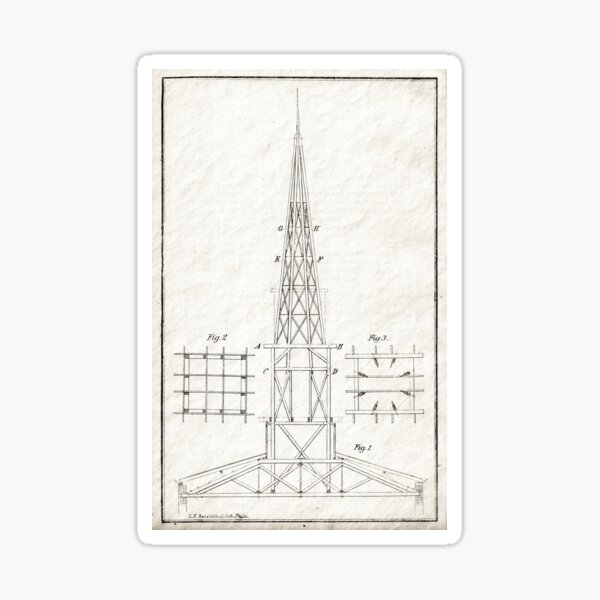 Old Classic Church Steeple Framing Design Architectural Drawing Sticker