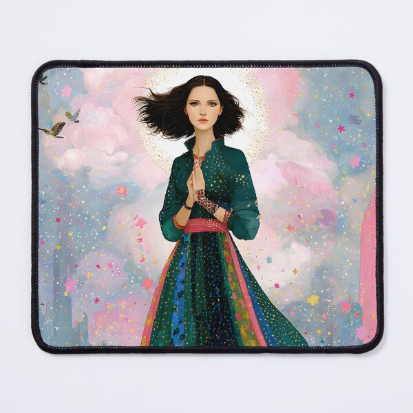 Item preview, An avant-garde watercolor and ink illustration of a modern goddess inspired by Tara, standing confidently with windswept dark hair designed and sold by wonderisland.