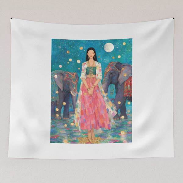 Item preview, A modern-day goddess inspired by Lakshmi, standing gracefully with flowing silk robes in shades of gold, rose, and ivory, adorned with intricate jewelry.  designed and sold by wonderisland.