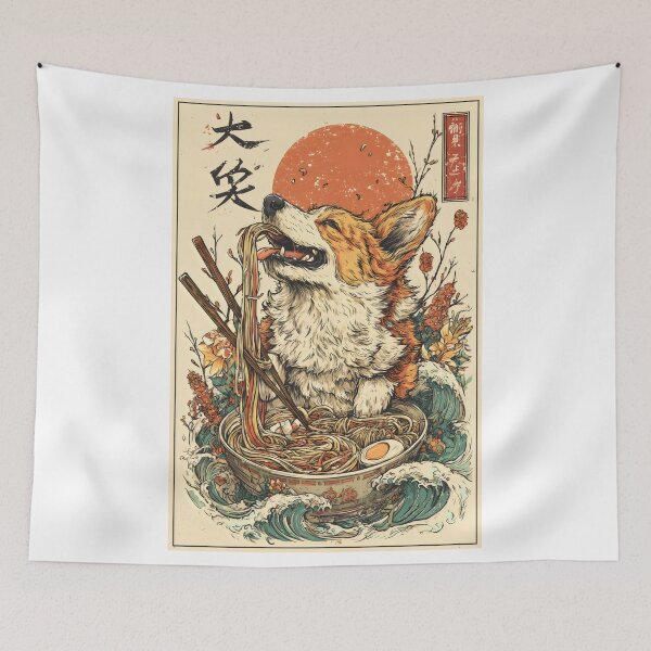 Item preview, Japanese Corgi Eating Ramen – Ukiyo-e Style Dog Noodles Artwork designed and sold by printopolis-shop.