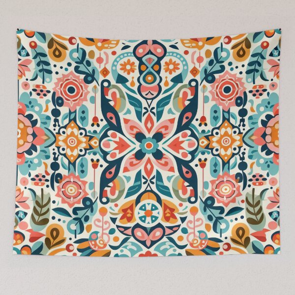 Item preview, Peach Teal Blue Floral Pattern Intricate Folk Art Repeat - Scandinavian Folk Art by heidiannemorris © designed and sold by FOLK ART FUSION by heidiannemorris.