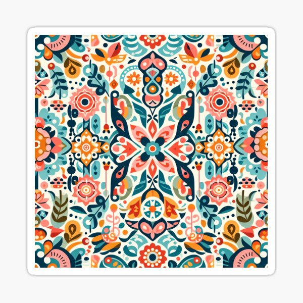 Aperçu de l'œuvre Motif floral bleu sarcelle pêche, répétition d'art populaire complexe - Art populaire scandinave par heidiannemorris © créée et vendue par FOLK ART FUSION by heidiannemorris.