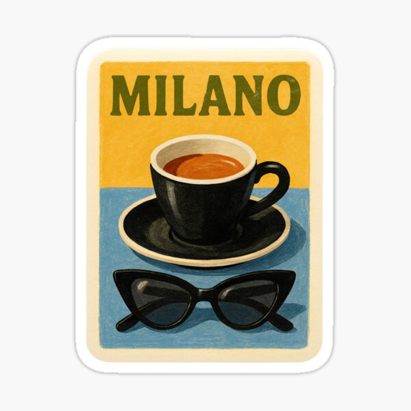 Item preview, Milano Coffee & Cat-Eye Sunglasses – Retro Italian Chic Sticker designed and sold by Passegiata Prints.