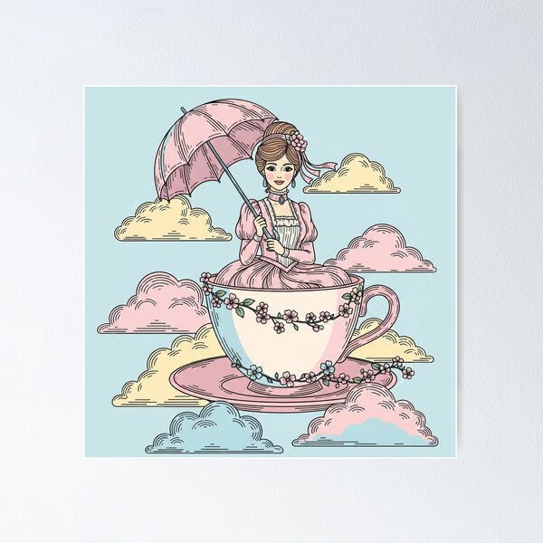 Item preview, Whimsical Victorian Lady Teacup Ride Art Print  designed and sold by MAGICKEY2024.