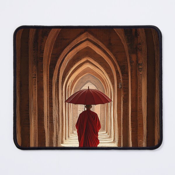 Item preview, Monk with Red Umbrella in Serene Arched Passage designed and sold by Artessie.