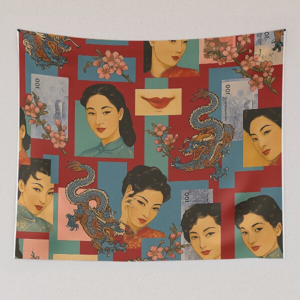 Item preview, Vintage Asian Collage Art – Geisha, Dragon & Floral Aesthetic designed and sold by weirdfishes123.