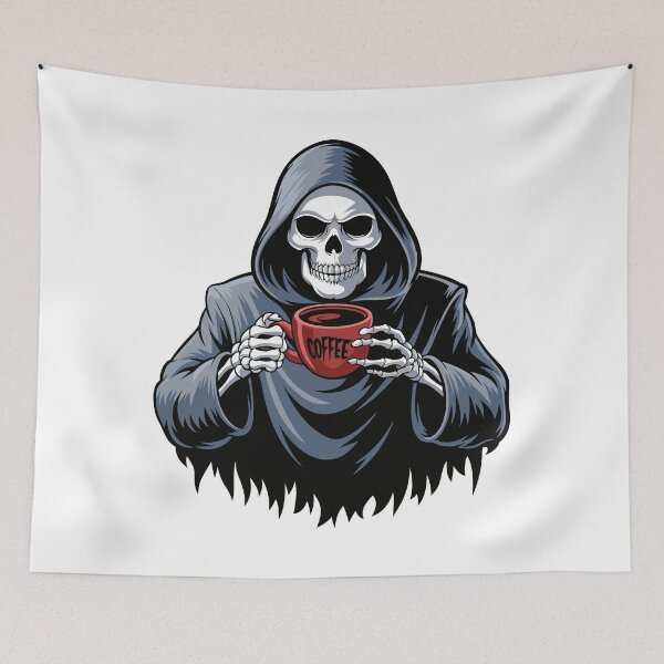 Item preview, A grim reaper drinking a cup of coffee, Illustration for Halloween designed and sold by AFernandesDSG.