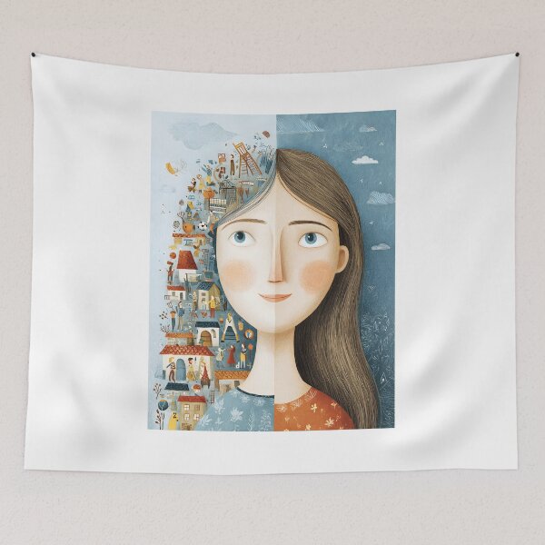 Item preview, whimsical illustration of two faces with long hair designed and sold by wonderisland.