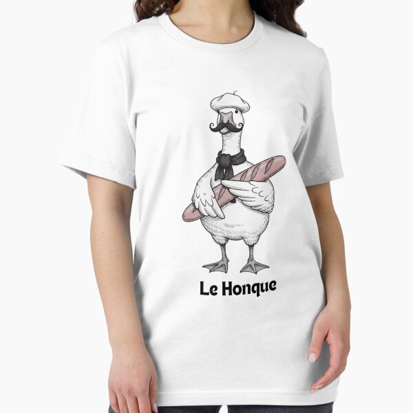 Aperçu de l'œuvre T-shirt oie française. T-shirt humoristique « Le Honque ». Cadeau idéal pour un voyage en France, un voyage amusant, pour les amoureux des animaux, des canards, des oiseaux et des oies. créée et vendue par MotivaChic.