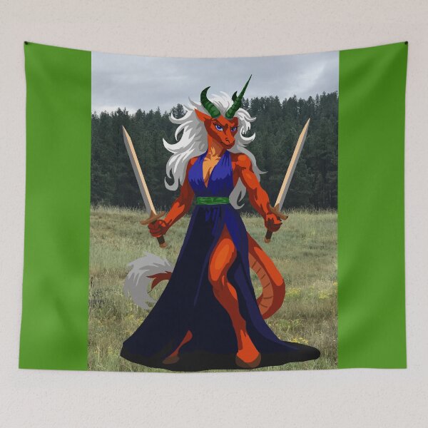 Item preview, Twin Swords Dragon Woman in Blue Slit Dress and Green Sash designed and sold by KlakkDrawsStuff.