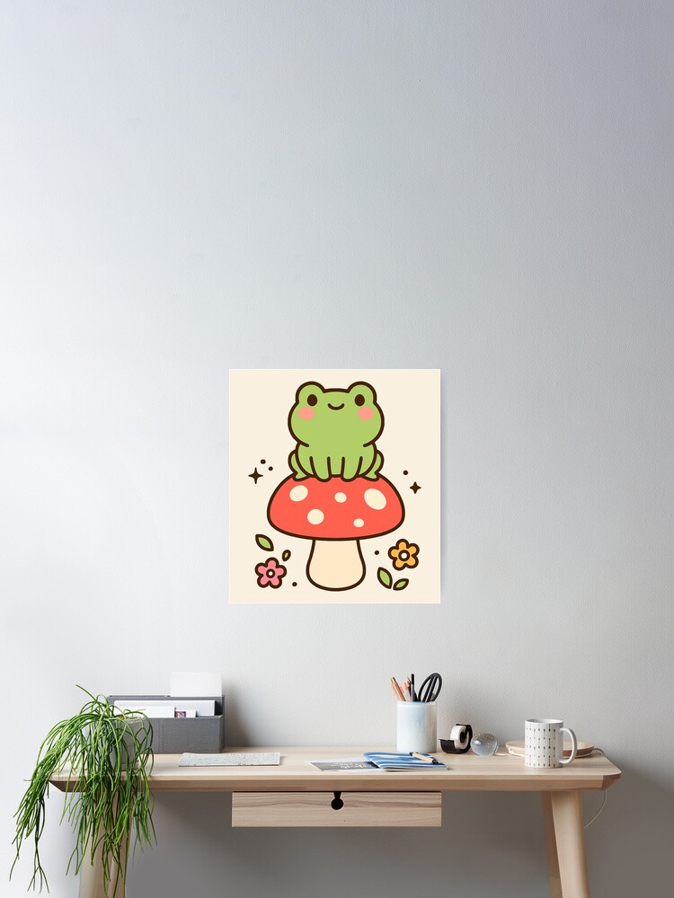 Kawaii Frog on Mushroom - Cottagecore Cute Animal Art Poster