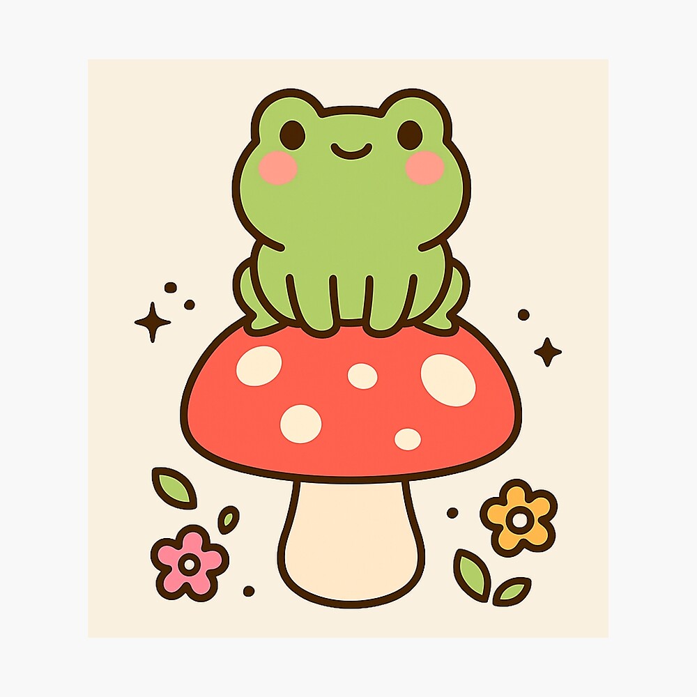 Kawaii Frog on Mushroom - Cottagecore Cute Animal Art Poster