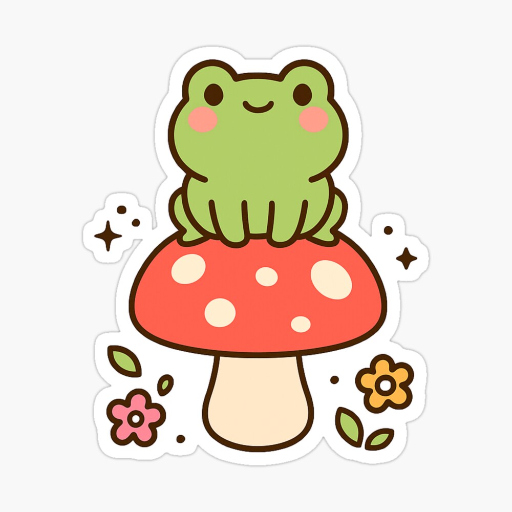 Kawaii Frog on Mushroom - Cottagecore Cute Animal Art Poster