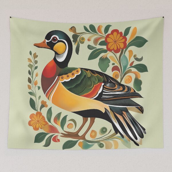 Item preview, A colorful wood duck drake in a decorative folk-art style. designed and sold by HEMRO.