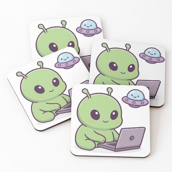 Aperçu de l'œuvre Un extraterrestre mignon travaillant sur un ordinateur portable avec un OVNI UAP créée et vendue par YnMstudio25.