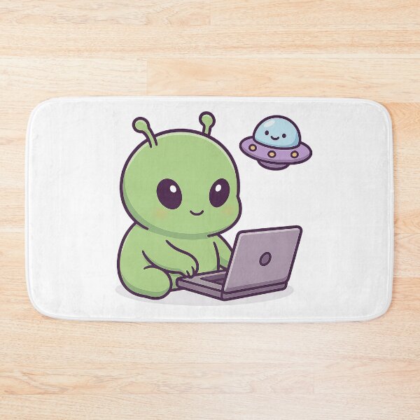 Aperçu de l'œuvre Un extraterrestre mignon travaillant sur un ordinateur portable avec un OVNI UAP créée et vendue par YnMstudio25.