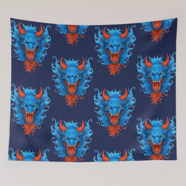 Item preview, Ferocious Blue Demon Art – Vibrant Monster Face with Red Horns and Fiery Beard designed and sold by Shoot-The-Moon.