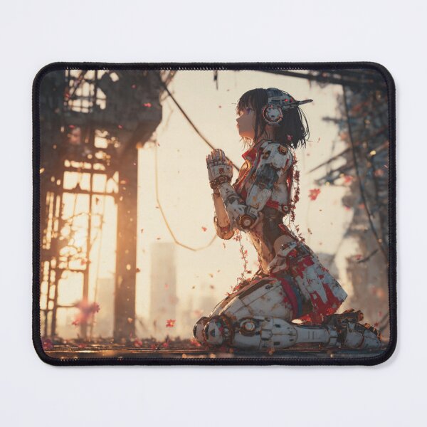 Item preview, Post-Apocalyptic Prayer – Cyberpunk Girl Robot Kneeling Amid Sakura Ruins designed and sold by Tommy Studio.