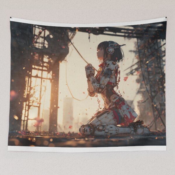 Item preview, Post-Apocalyptic Prayer – Cyberpunk Girl Robot Kneeling Amid Sakura Ruins designed and sold by Tommy Studio.