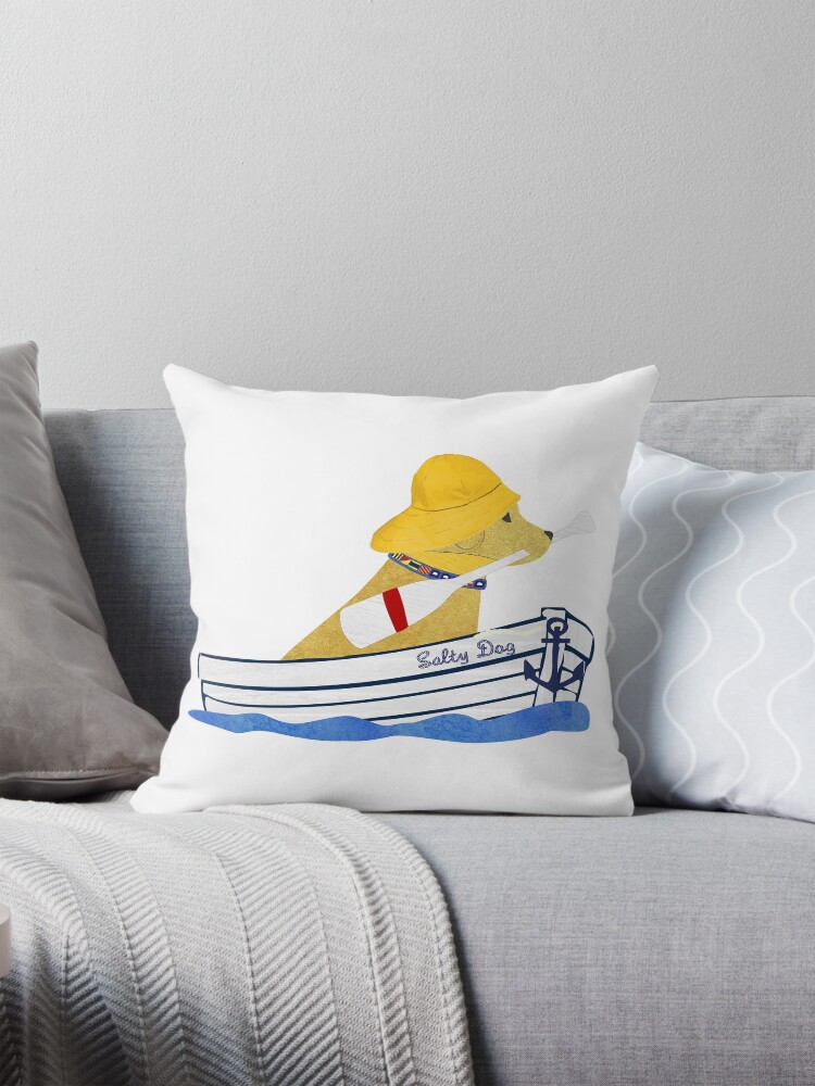 Aperçu 1 sur 4. Coussin avec l'œuvre Nautical Preppy Golden Retriever à bord du Salty Dog créée et vendue par emrdesigns.
