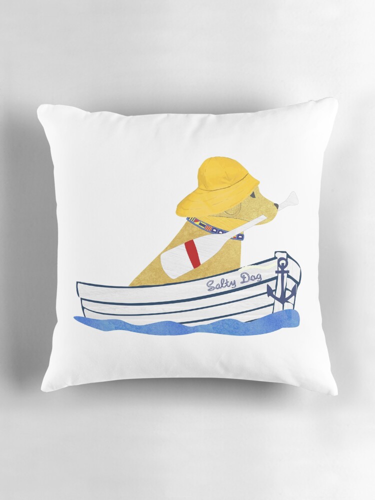 Aperçu 3 sur 4. Coussin avec l'œuvre Nautical Preppy Golden Retriever à bord du Salty Dog créée et vendue par emrdesigns.