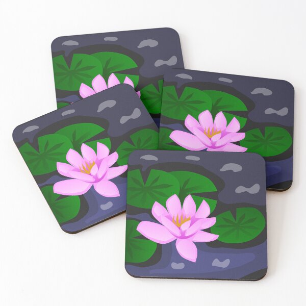 Item preview, Cute pastel pink water lily with green leaves, in the dark blue lake designed and sold by katecheerycake.
