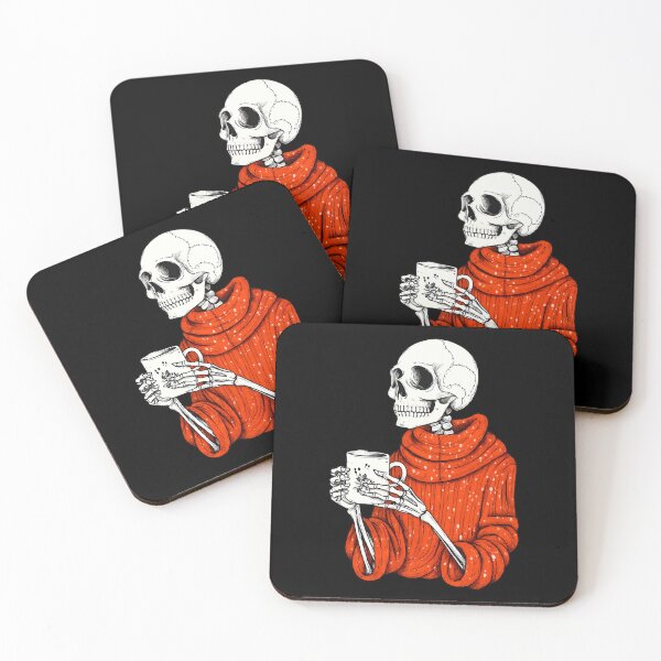 Item preview, Cozy Skeleton Art – Cute Skeleton in Red Sweater Drinking Coffee Illustration designed and sold by Shoot-The-Moon.