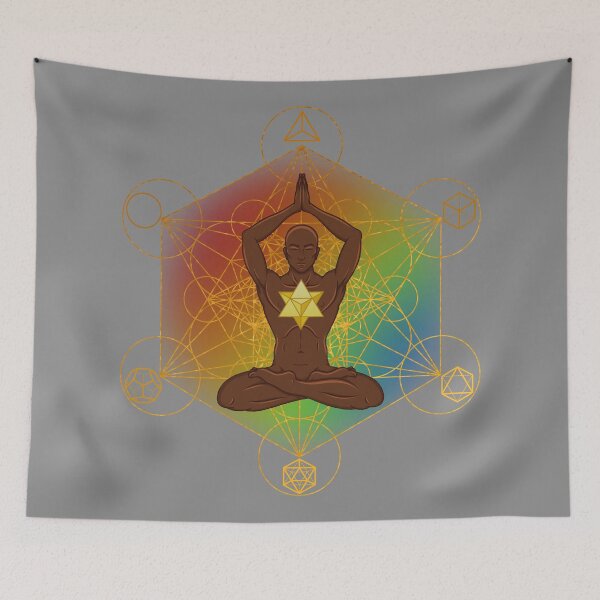 Item preview, Rainbow Sacred Geometry Meditating Man with Merkaba | Rainbow Chakra Spiritual Art designed and sold by MJ Koldewyn.