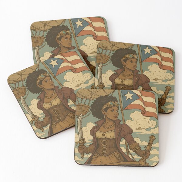 Item preview, Steampunk Afro-Caribbean Pirate Queen with Puerto Rican Flag on Airship designed and sold by Boricua-be-like.