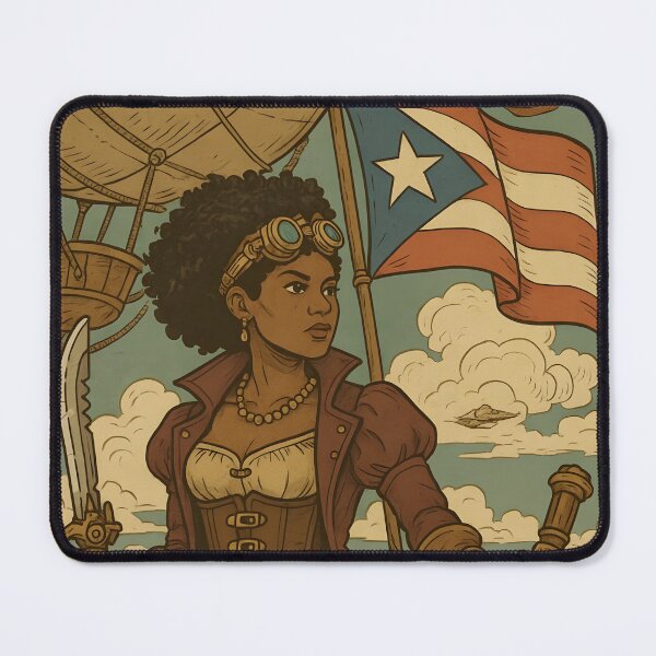 Item preview, Steampunk Afro-Caribbean Pirate Queen with Puerto Rican Flag on Airship designed and sold by Boricua-be-like.