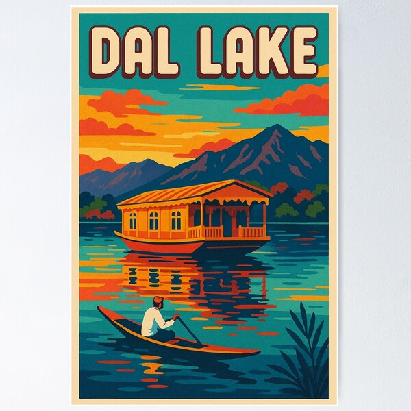 Item preview, Dal Lake Retro Poster | Digital Pop Art Travel Print | Kashmir Scenic Lake Wall Art | Colorful Vintage-Style Travel Decor | Iconic India Landscape Art designed and sold by PaintedPixels01.